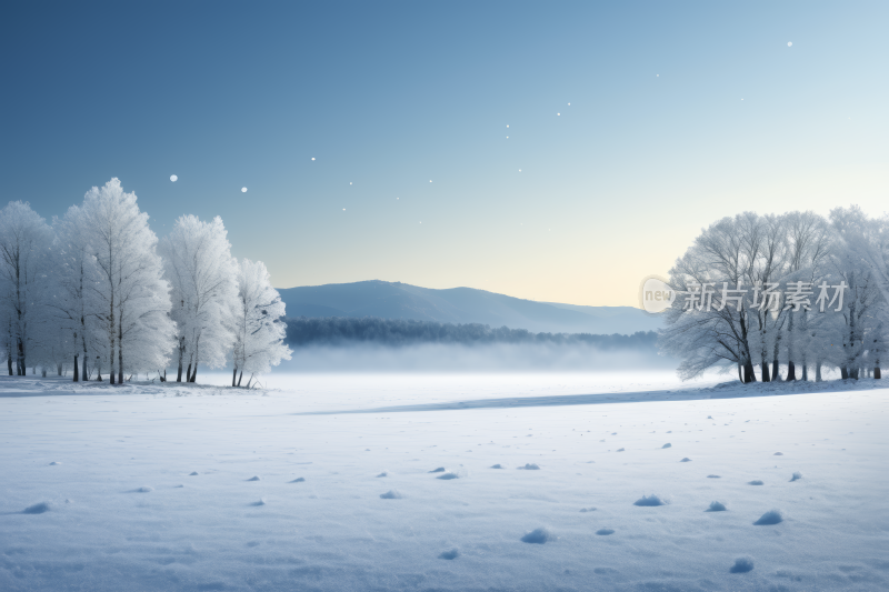 树木繁茂积雪覆盖地面和山脉的雪景风景图片