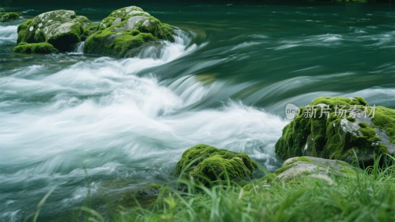 潺潺溪流中的覆青苔石块
