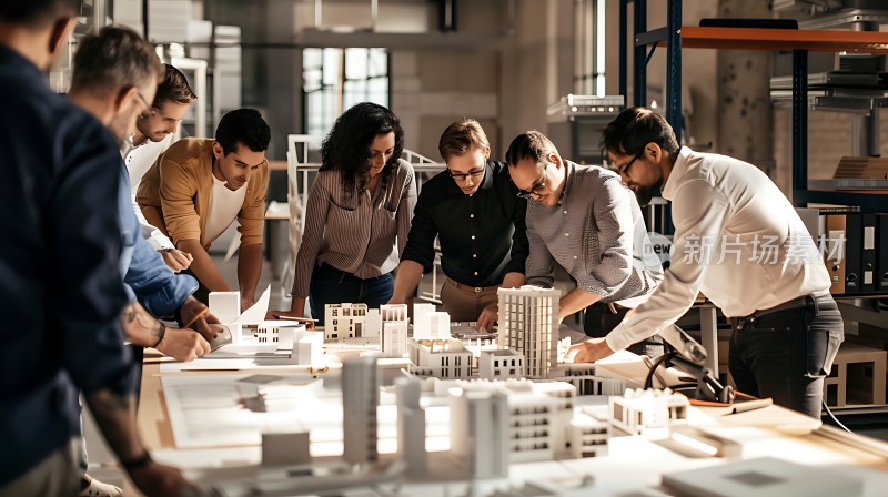 团队协作共同探讨建筑模型设计