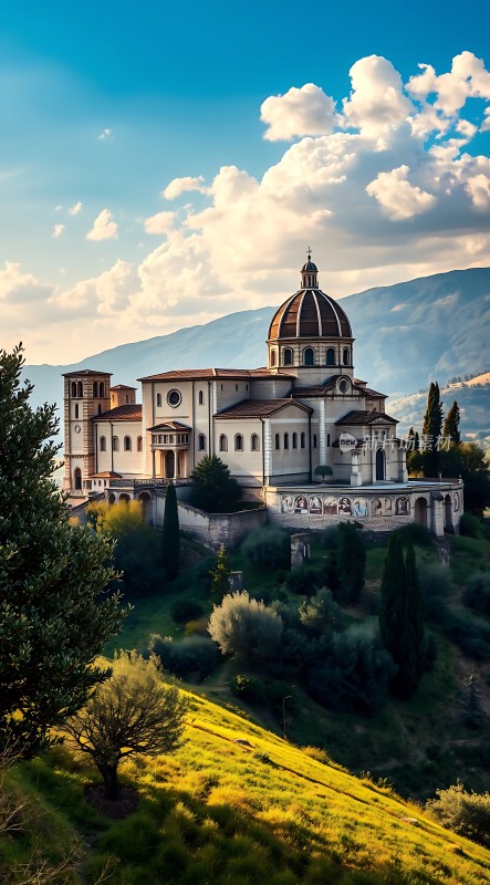 阳光下的宏伟教堂绿意盎然的丘陵风光