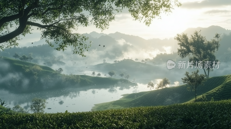 山间日出18晨曦中的茶园 云雾缭绕的茶山