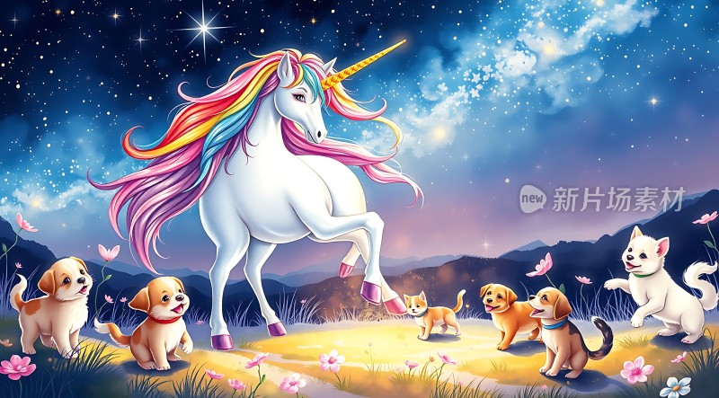 彩虹独角兽与可爱小狗小猫