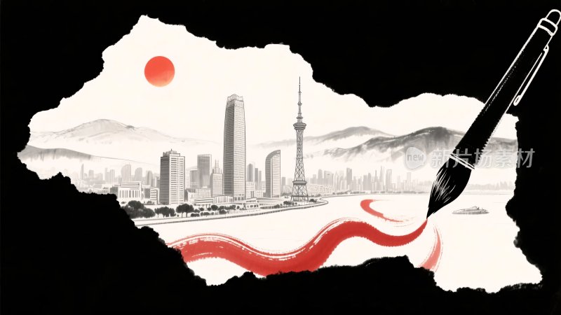 水墨笔触绘城市风景图