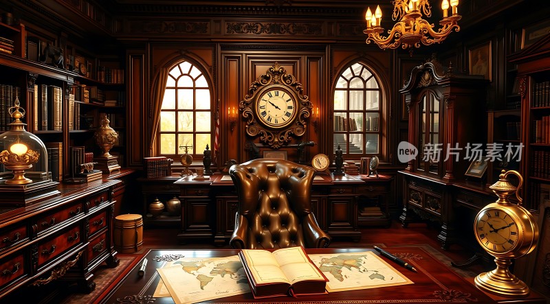 古董书房里的世界地图与钟表