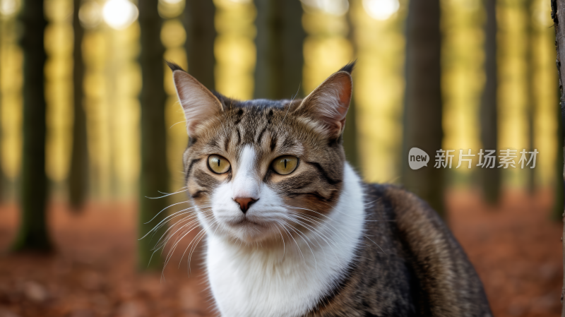 一只猫在树林里看着镜头高清风景图片