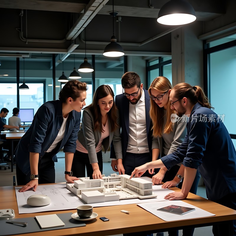 团队协作共同探讨建筑模型设计