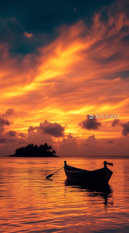 日落孤舟映红海
