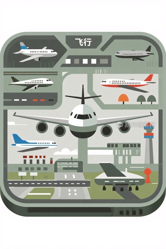 插画风格的机场场景图