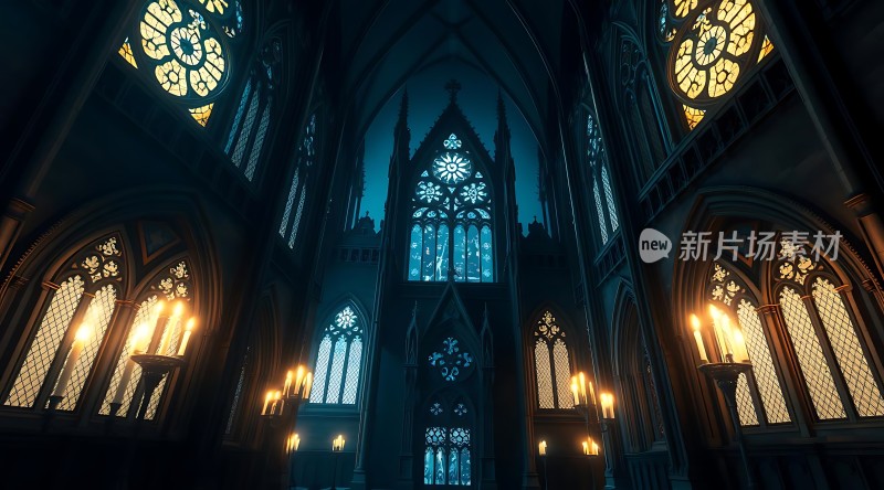 神秘教堂内部光影交错蜡烛微光映照
