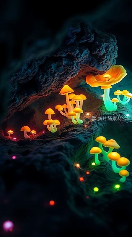 神秘洞穴中的荧光蘑菇