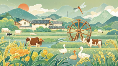 乡村牧场田园风光手绘插画设计