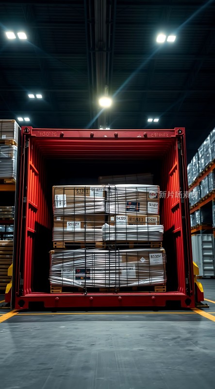 仓库中装满货物的集装箱