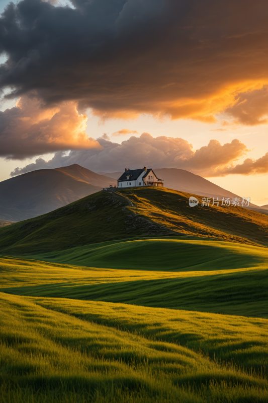 草地山上一座房子高清风景图片