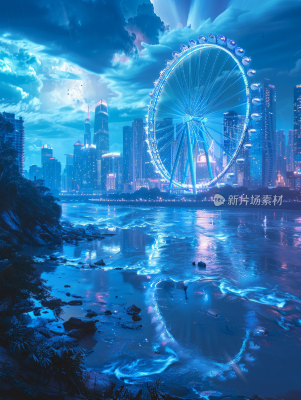 摩天轮下的星辰大海城市夜景插画