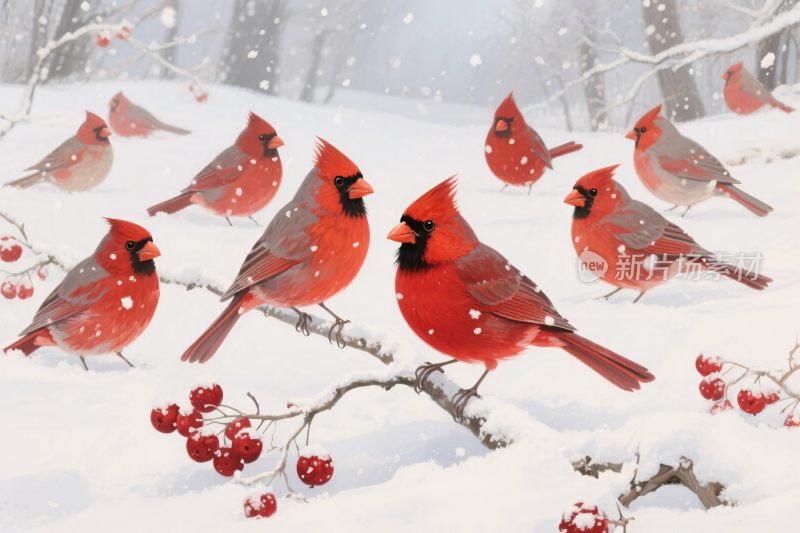 冬季雪地红雀插画
