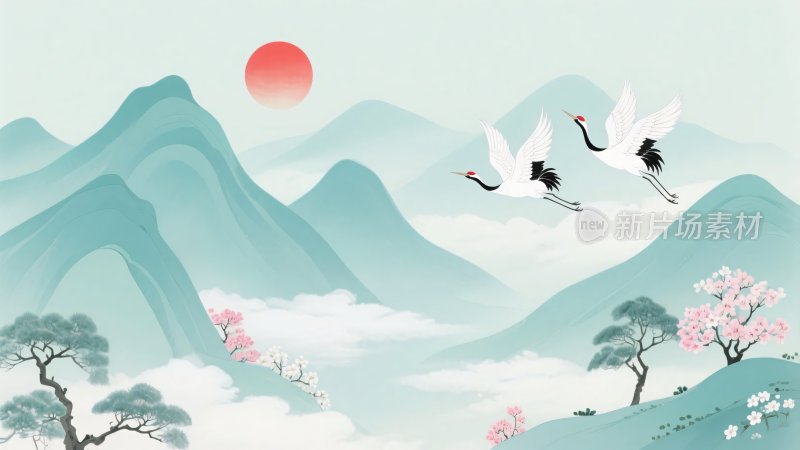 山水间双鹤伴日飞翔图景