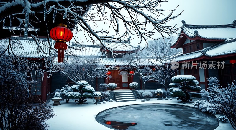 雪中古院红灯笼映白墙