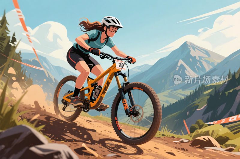 女子山地骑行插画
