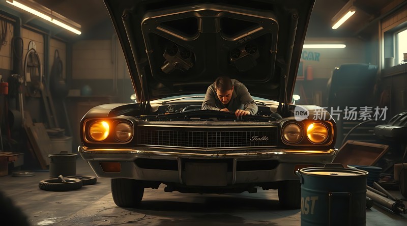 修车工专注检修老式汽车