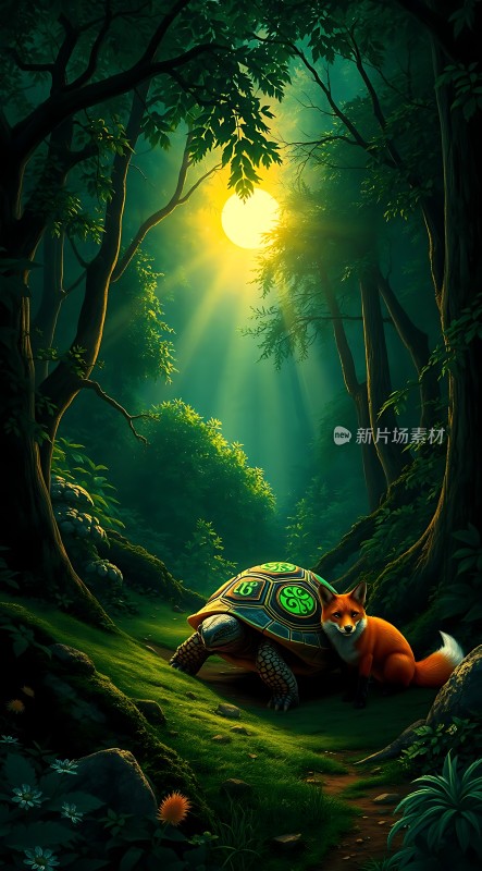 森林月光下的乌龟与狐狸