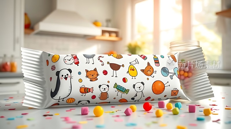 彩色糖果与卡通图案的包装袋