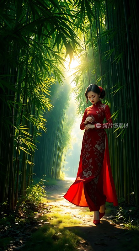 阳光下的红裙佳人漫步竹林间