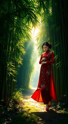 阳光下的红裙佳人漫步竹林间 阳光下的红裙佳人漫步竹林间