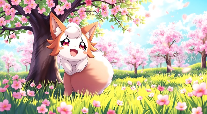 春日萌宠樱花树下的小狐狸