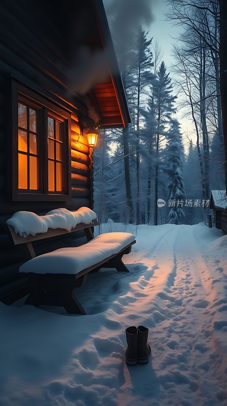 雪夜小屋温馨宁静