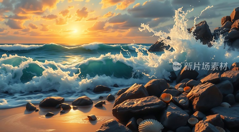 日落时分的海浪与岩石