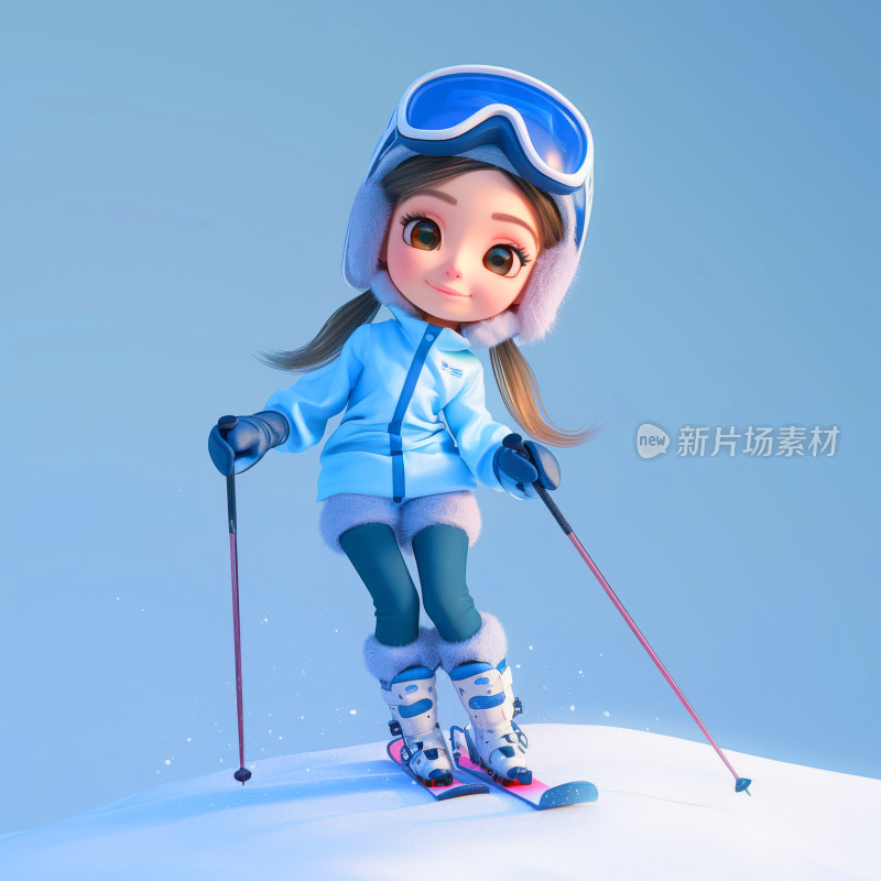 冬季雪地滑雪的男孩女孩3D卡通人物插画