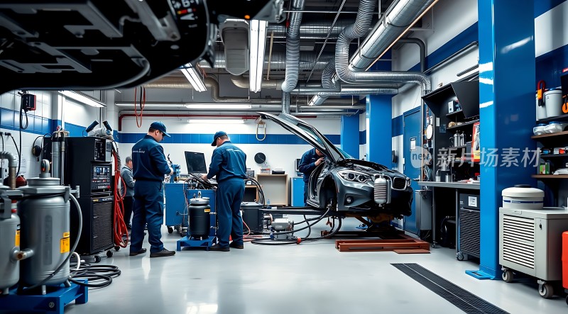 汽车维修车间里的专业技师们正在专注地工作