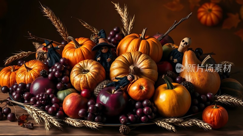 秋日丰收盛宴南瓜、葡萄与稻草人