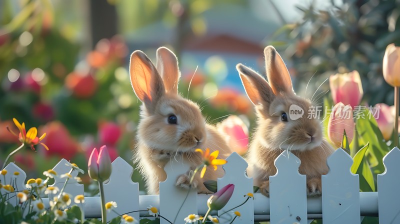 春日暖阳下两只可爱兔子在花丛中探出头