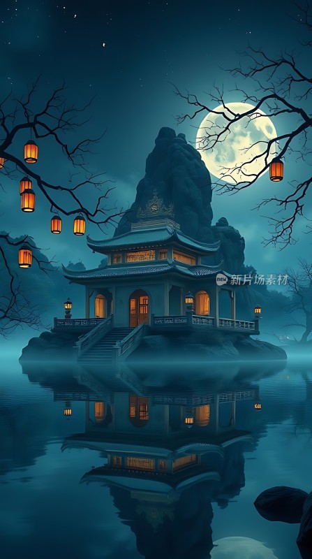 月下古寺静卧湖心