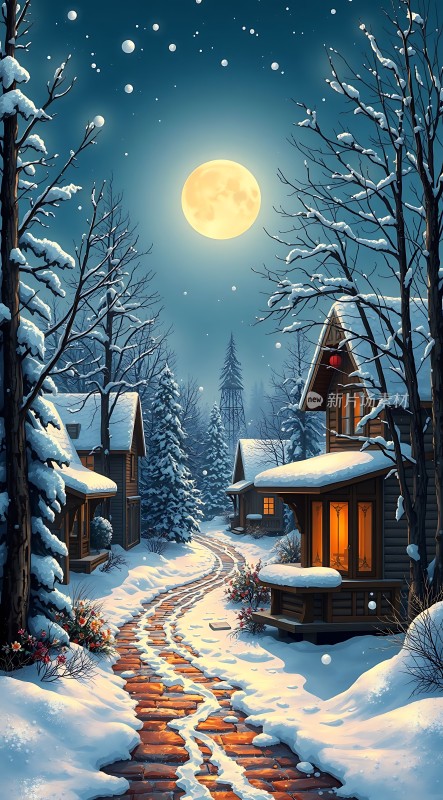 雪夜月光下的温馨小屋