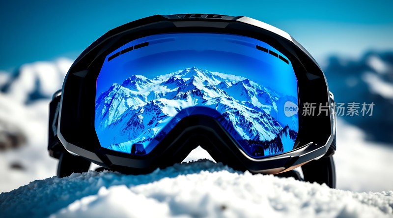 雪地滑雪镜映照雪山美景