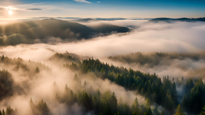 森林云海阳光山峰照片大自然树林丁达尔效应