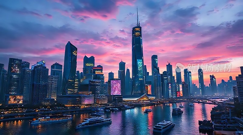 上海夜景黄浦江畔摩天大楼