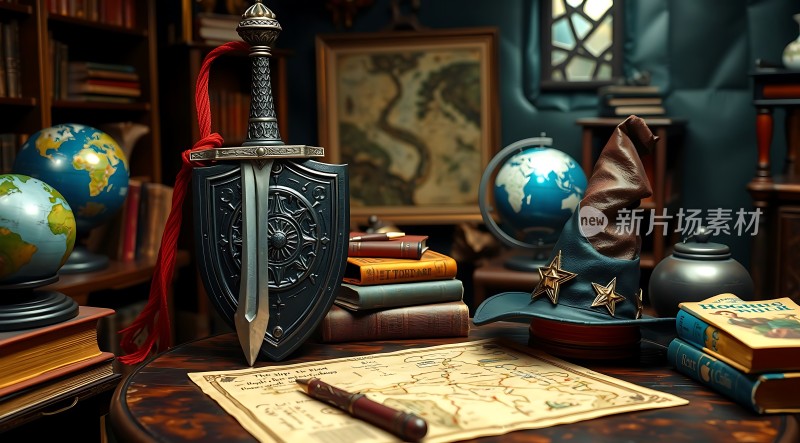 冒险家书桌上的神秘宝剑与魔法帽