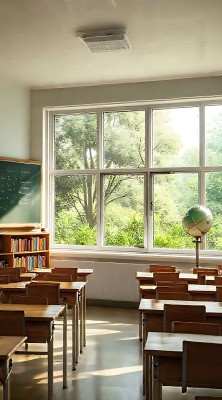 阳光洒满教室绿意盎然窗外来