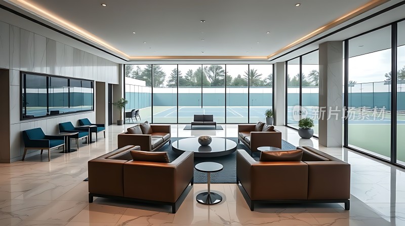 现代豪华大厅宽敞明亮家具简约大气窗外绿意盎然