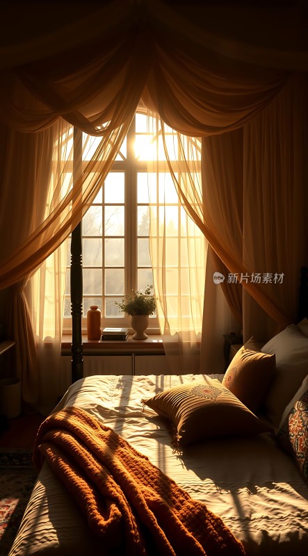 阳光洒满温馨卧室温暖床铺与窗帘交相辉映