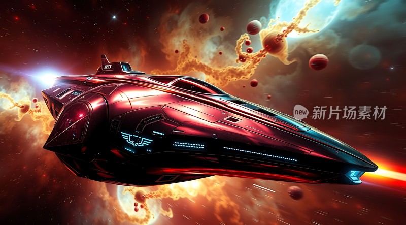 星际航行红色飞船穿越宇宙风暴