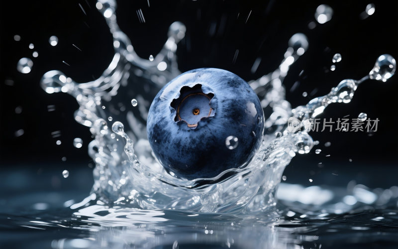 新鲜的蓝莓掉入水中