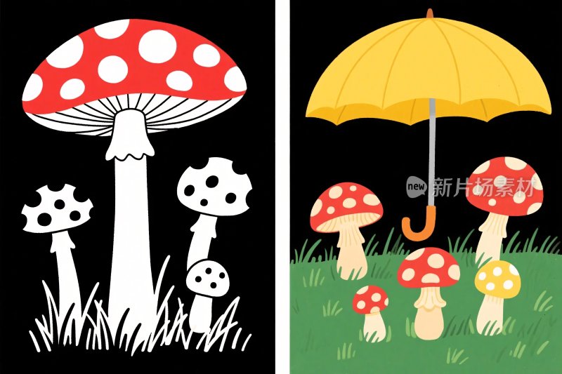 卡通蘑菇与雨伞插画