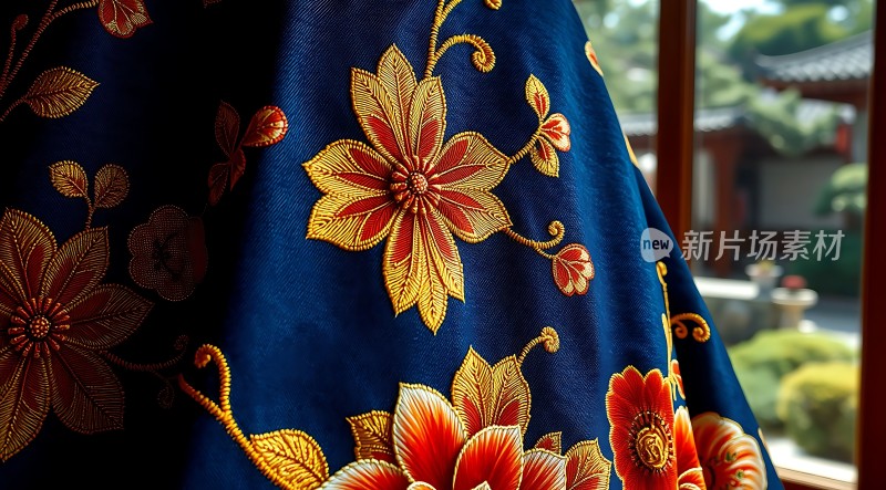 蓝色布料上的金色花朵图案