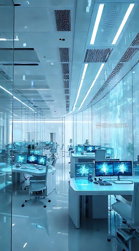科技感十足的现代化办公室蓝色调与玻璃墙营造未来感工作环境