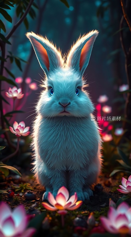 蓝眼睛白兔在花丛中