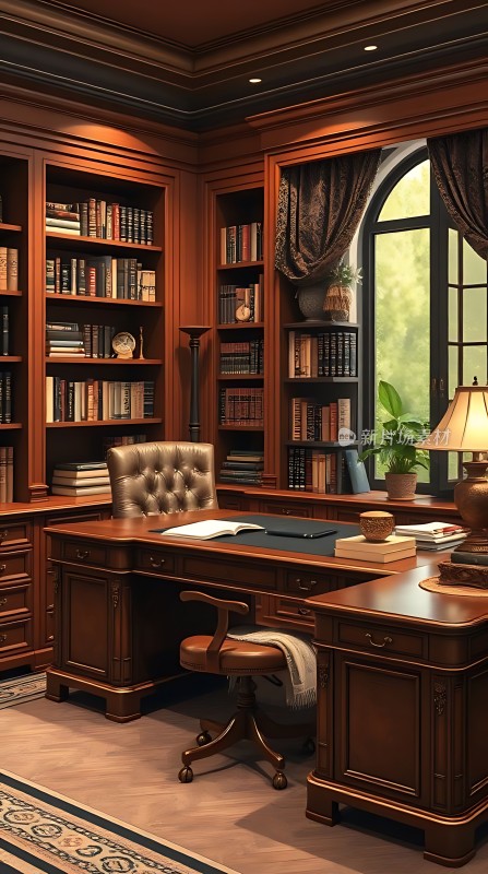 书房一角书桌椅与书架